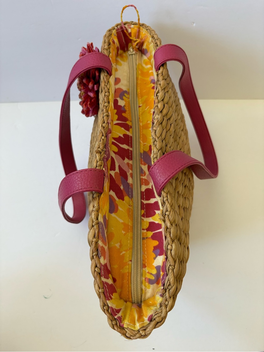 Woven Straw Bag Purse Pink Floral Appliqué Strap Zip Resort Cruise Coastal Beach - Picture 4 of 9